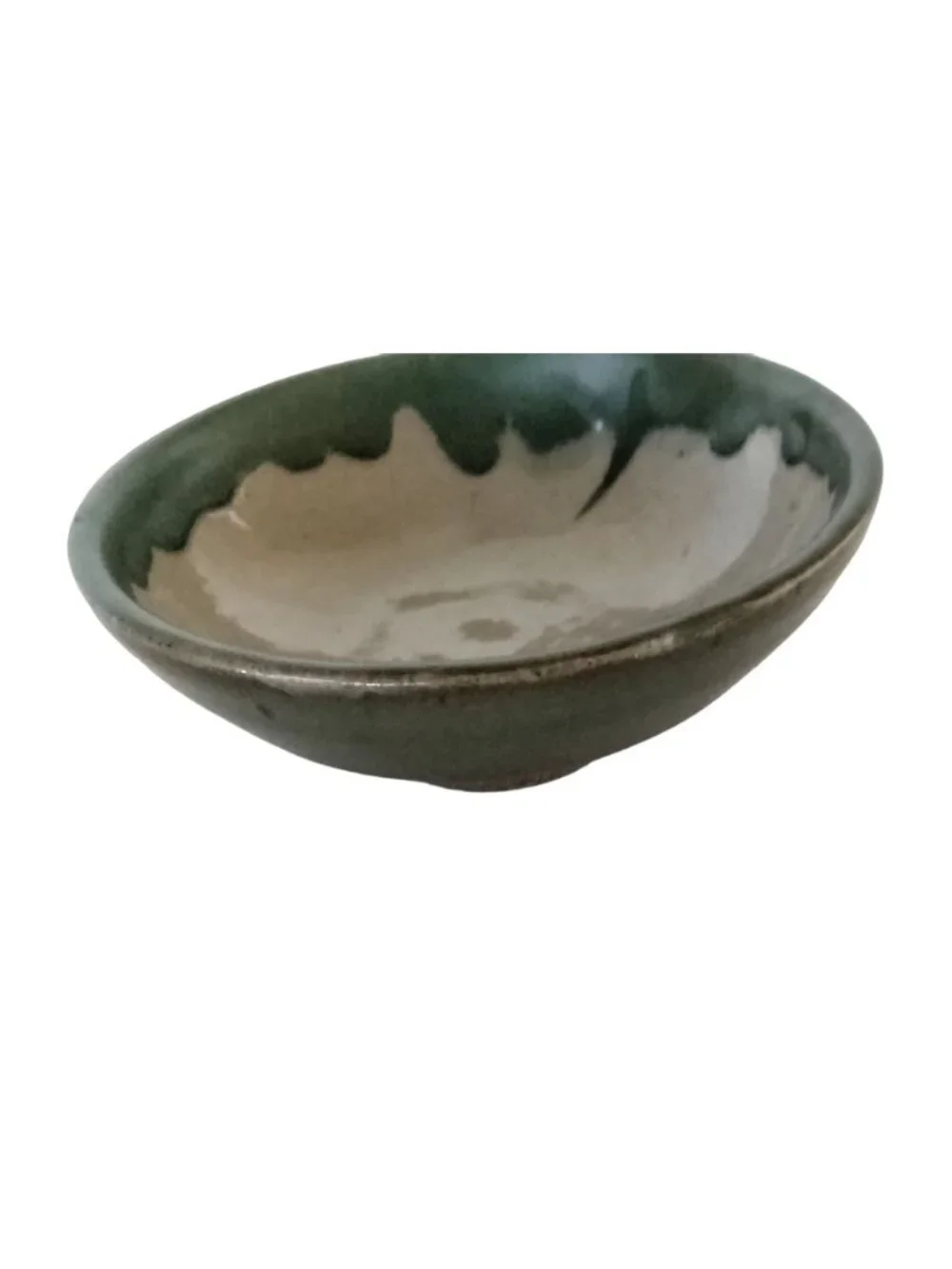 Studio Pottery Rice Bowl Heavy Green Gray Rustic Stoneware Primitive Drip Glaze